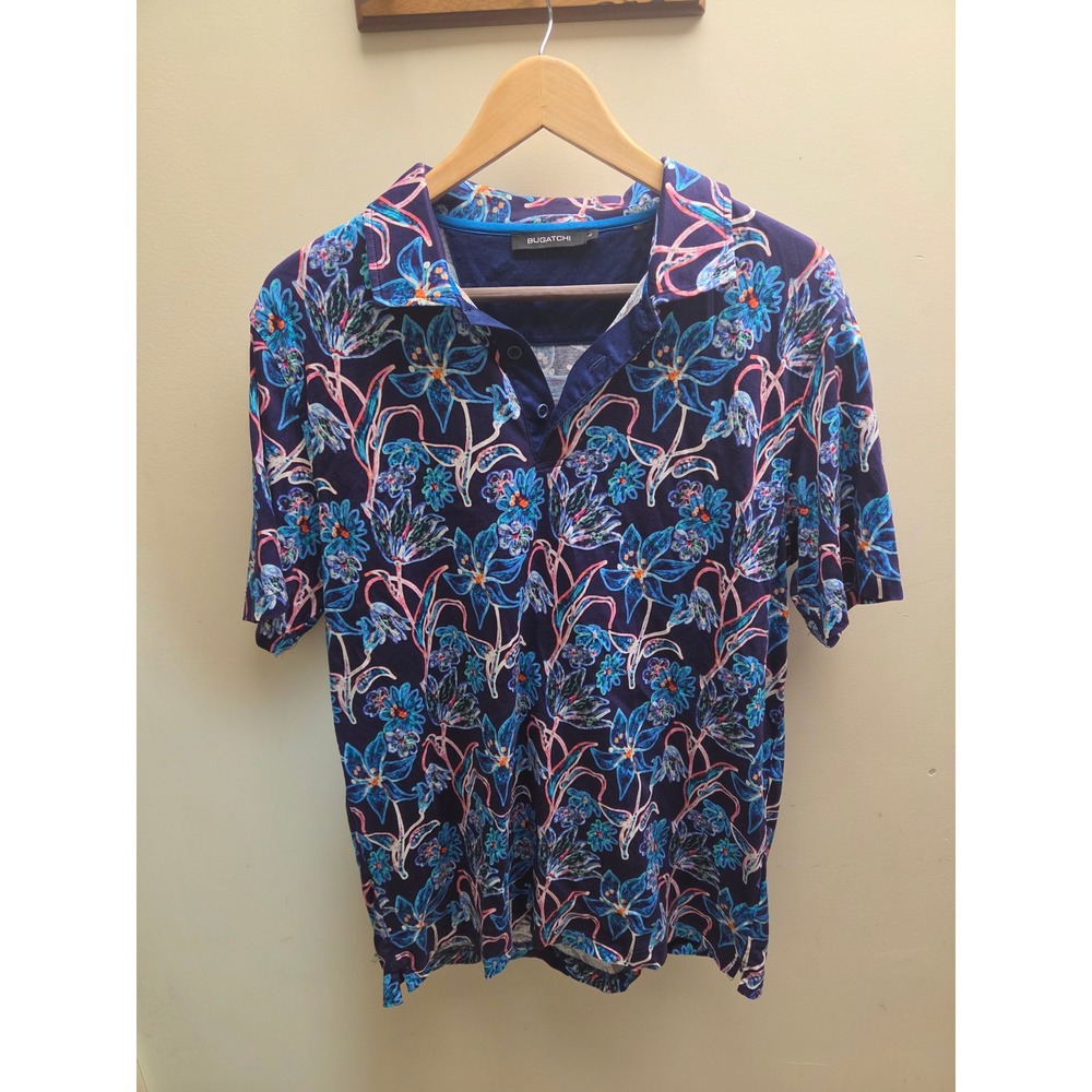 Bugatchi Mens Large Navy Blue Floral Mercerized Cotton Polo Shirt DF2501 F21